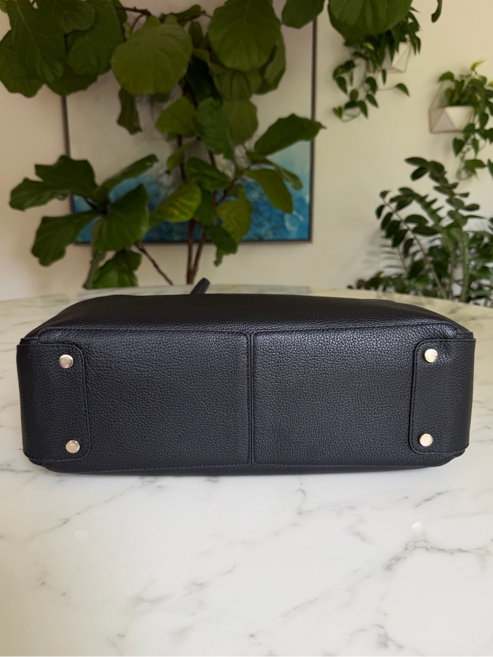 Quince Italian Leather Triple Compartment Work Tote Black Laptop Shoulder Bag - Picture 6 of 14